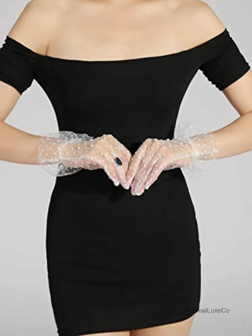 Sheer Mesh Polka Dots Pearls Ruffle Trim Tea Party Gloves